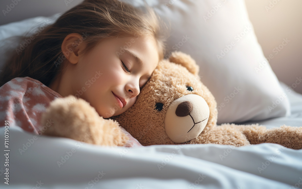 Cute little fair-skinned child girl hugging teddy bear. Love and tenderness. Happy childhood concept.