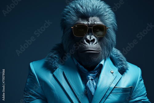 Blue gorilla with sunglasses in lothes