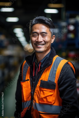 Portrait of a smiling Asian male warehouse worker wearing a reflective vest