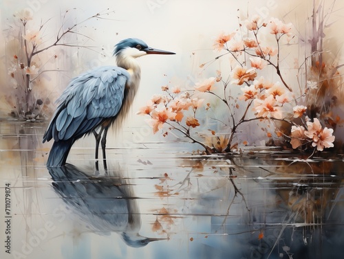 Blue heron standing in a pond with peach blossoms