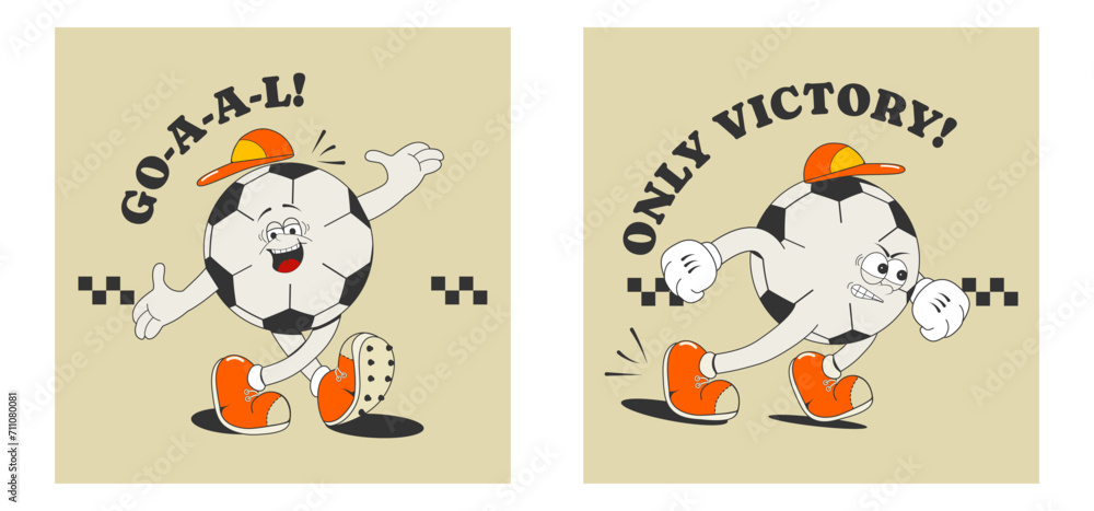 Fototapeta premium Trendy design of a sports print, poster, stickers with a cartoon soccer ball in different poses and motivational quotes. Vector illustration of groovy football mascot in vintage style of the 60s-70s