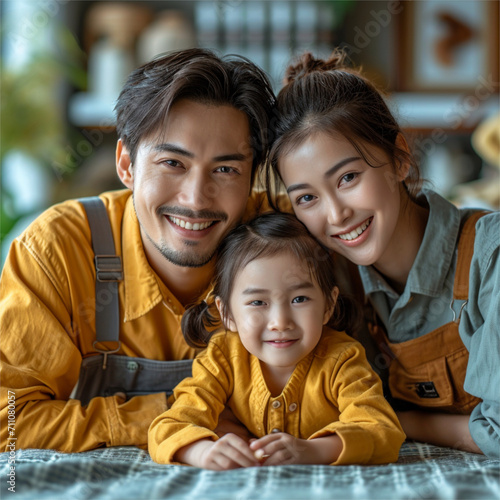 Happy Vietnamese Asian Family Happy Together Portrait Inside Studio Yellow Background Yellow Clothes Smile © Thuan