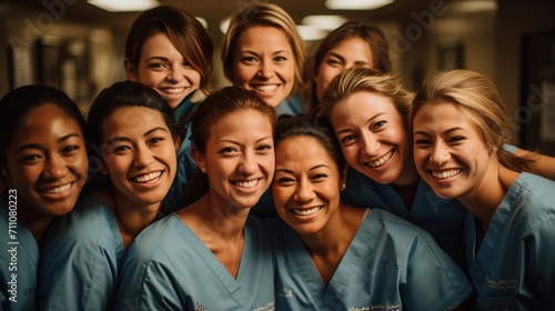 Happy multiethnic group of female nurses posing together in a hospital hallway