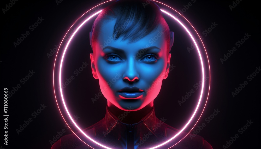 Portrait of a young futuristic woman with glowing blue eyes and a ...