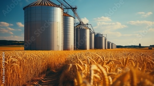 Cereal storage silos with a golden wheat field in the foreground
