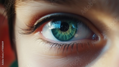 Closeup of a childs eyes intently watching a video lesson on a science app.