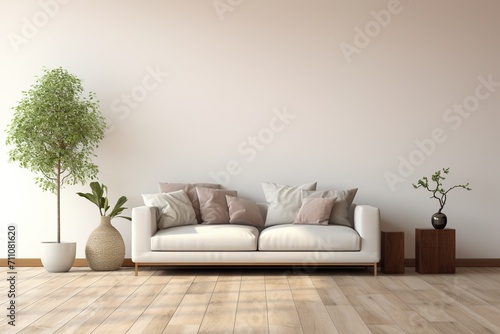 Bright living room with white sofa and plants
