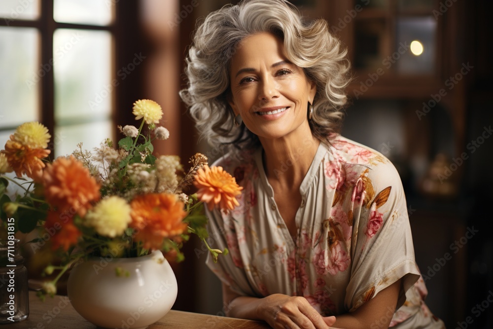 Portrait of a smiling middle-aged woman with gray hair and flowers