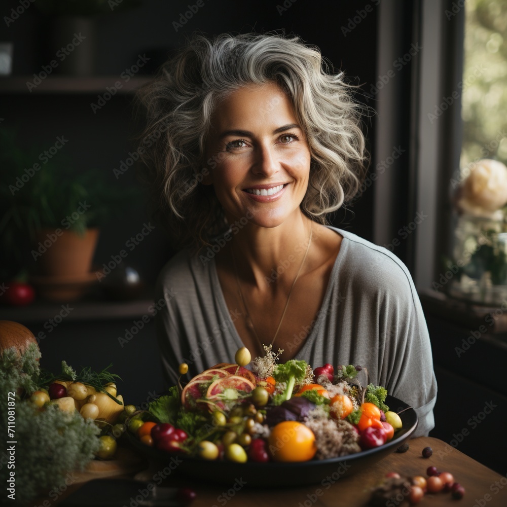 Portrait of a smiling grey-haired woman with a bowl of fruits and vegetables