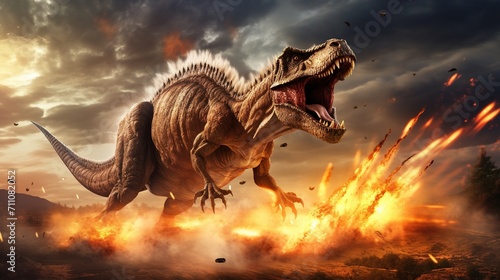 Prehistoric Dinosaur T-Rex in a Fiery Asteroid Apocalypse © Adobe Contributor