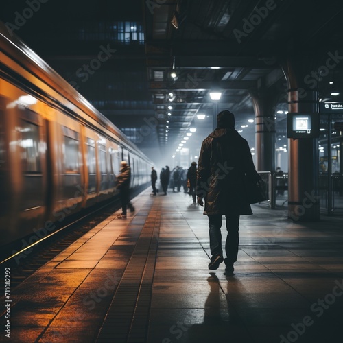 Man walking away from a train at a train station