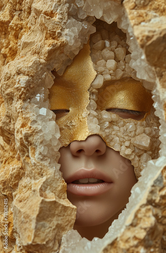 beauty woman, made of gold Crystal Geode, Split open, showcasing crystals inside. Surrealistic concept photography