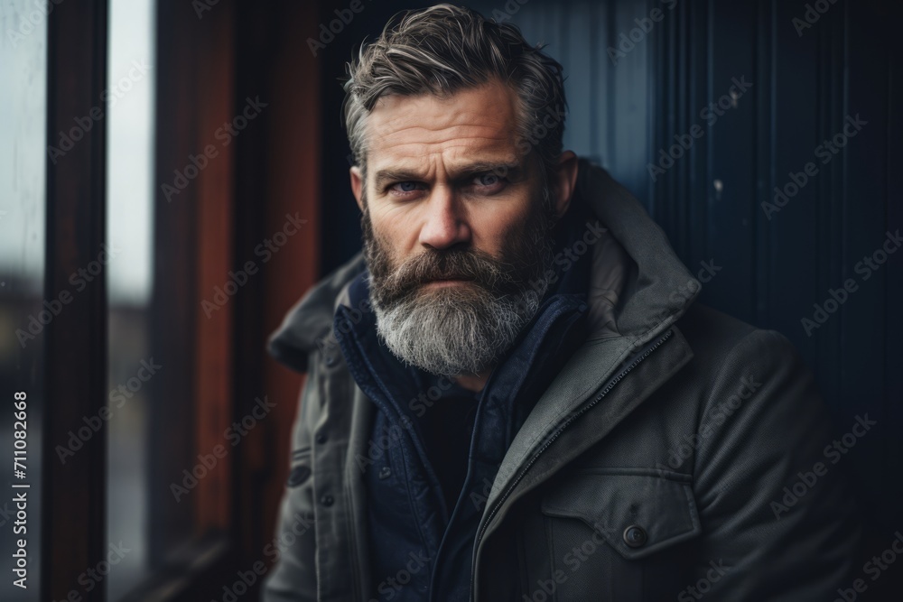 Portrait of a handsome bearded man with a gray beard and mustache in a gray jacket. Portrait of a handsome bearded man with a gray beard and mustache in a gray jacket.