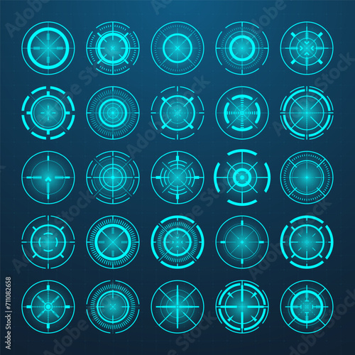 Crosshair, gun sight vector icons. Bullseye, black target or aim symbol. Military rifle scope, shooting mark sign. Targeting, aiming for a shot. Archery, hunting and sports shooting. Game UI element.