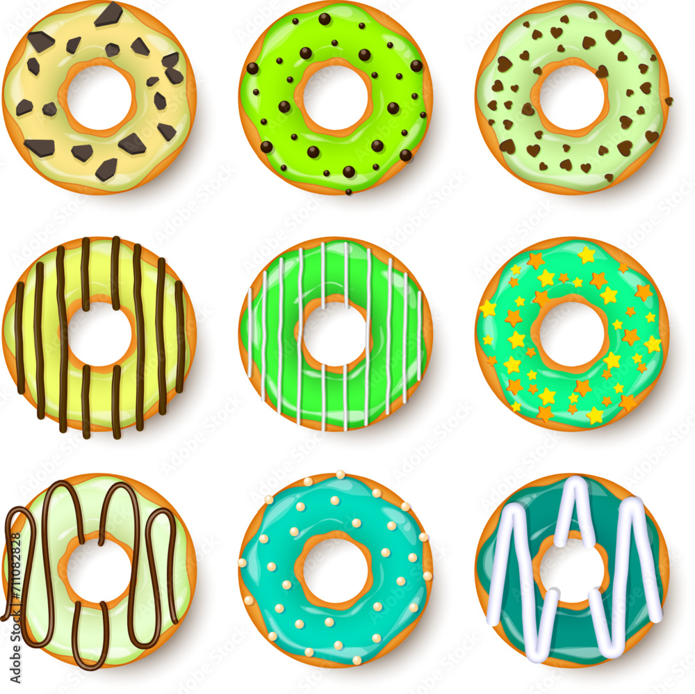 Fototapeta premium Donut, begel with cream. Cookies,cookie cake set. Sweet dessert with sugar and caramel. Tasty breakfast cooking. Cafateria food, snack. Coffee shop.Vector illustration.
