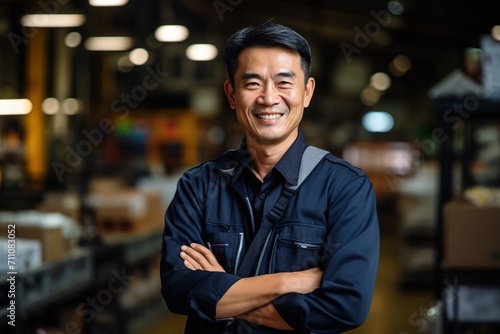 Portrait of a smiling Asian man in a warehouse