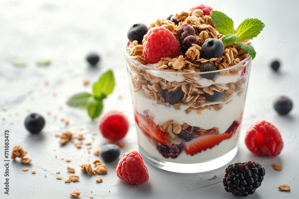 Fresh fruit and yogurt parfait with granola topping Fresh fruit and yogurt parfait with granola topping