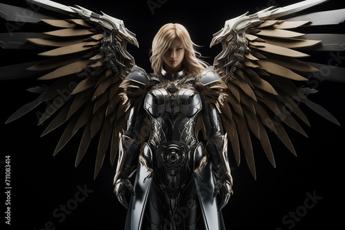 A beautiful fair-haired female warrior in a robotic exosuit with wings