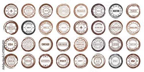 Post stamps, labels and badges. Grunge imprints and postmarks. Brown vintage circle postcard watermarks. Used envelope design elements. Vector illustration