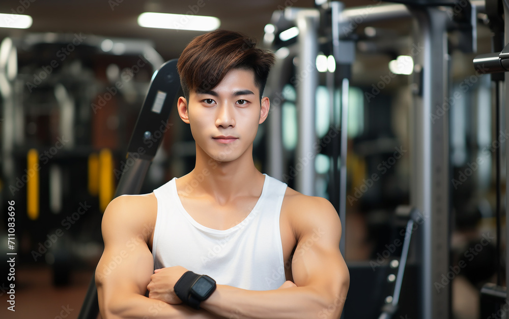 Happy handsome young asian man in a gym. Happy handsome young asian man in a gym.