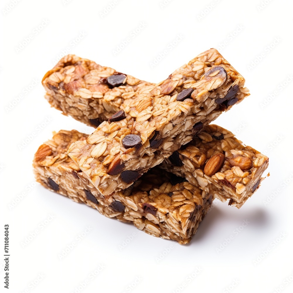Three stacked oat and chocolate chip granola bars Three stacked oat and chocolate chip granola bars