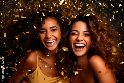 Girls friends party, having fun with gold confetti