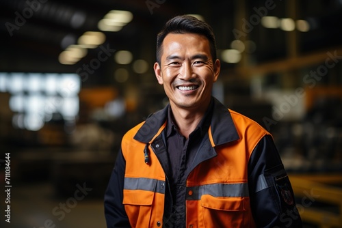 Portrait of a happy Asian male worker in an industrial setting photo