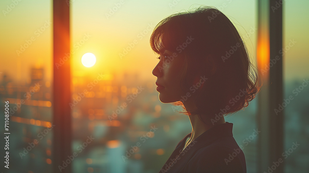 オフィスの窓から街を眺める女性 オフィスの窓から街を眺める女性