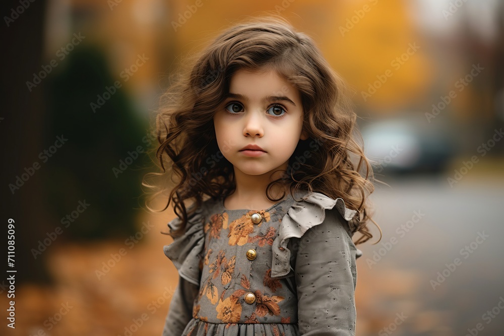 Portrait of a beautiful little girl with curly hair on a background of autumn park Portrait of a beautiful little girl with curly hair on a background of autumn park