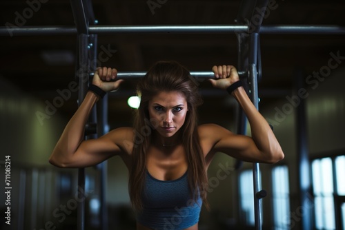 Confident female athlete hanging on a pull-up bar