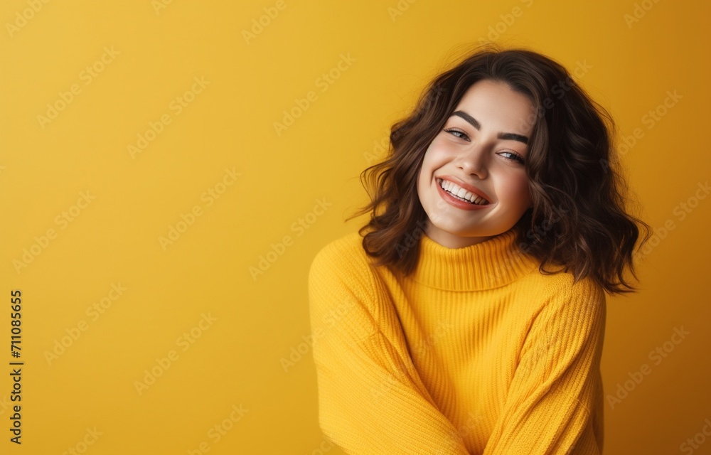 Smiling young woman in yellow turtleneck sweater Smiling young woman in yellow turtleneck sweater
