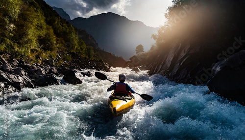 whitewater kayaking, down a white water rapid river in the mountains. Hand edited generative AI. © New2023