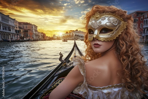 Sensual Charm of Venice Carnival: In the embrace of a Venetian boat, a woman dons a carnival mask, exuding mysterious allure against the backdrop of iconic Bridge