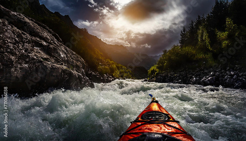 whitewater kayaking, down a white water rapid river in the mountains. Hand edited generative AI. photo