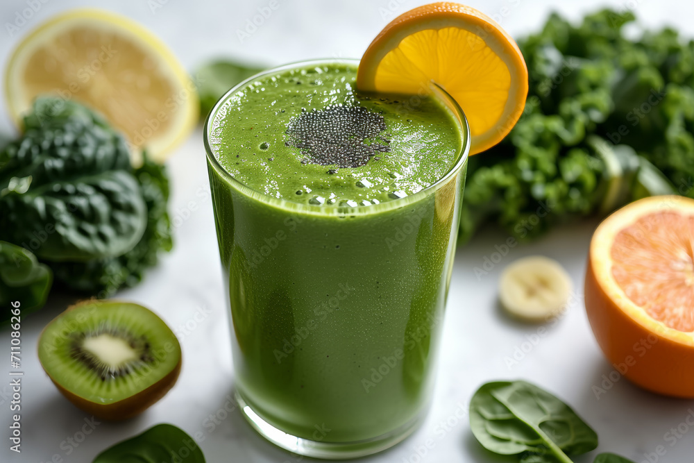 Green smoothie made with spinach, kale, and tropical fruits Green smoothie made with spinach, kale, and tropical fruits