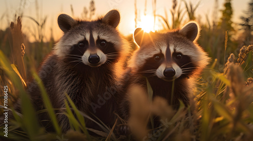 Two raccoons in a field at sunset. Neural network AI generated art