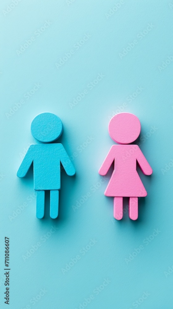 Two Wooden Figures of a Man and Woman on Blue Background Two Wooden Figures of a Man and Woman on Blue Background