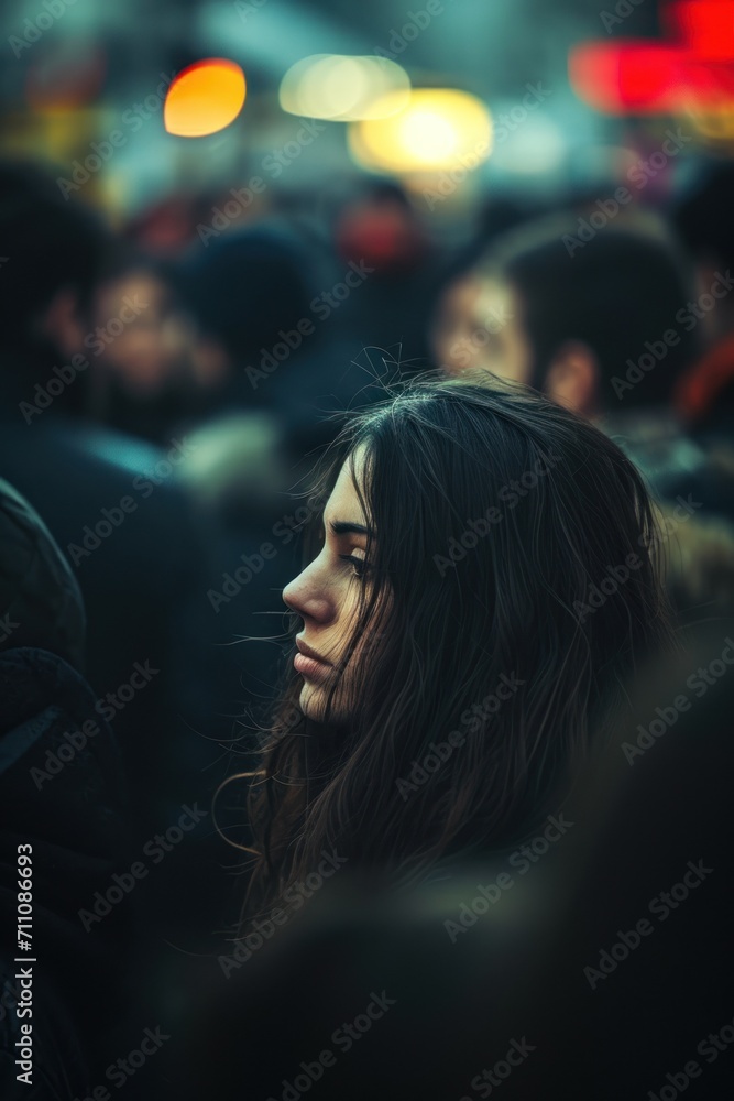 a young woman amidst a crowd, with a contemplative or sad expression, sharply in focus against a blurred backdrop of people. 