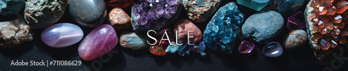 A banner with wide array of colorful and polished gemstones, each unique in cut and hue, with the word "sale" prominently displayed in the center. 