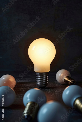 a glowing light bulb on a dark background, surrounded by several dim bulbs, symbolizing new ideas 