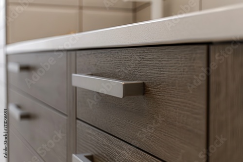 A detailed view of a modern bathroom cabinet with textured wood finish and a sleek metal handle, exemplifying contemporary interior design. photo