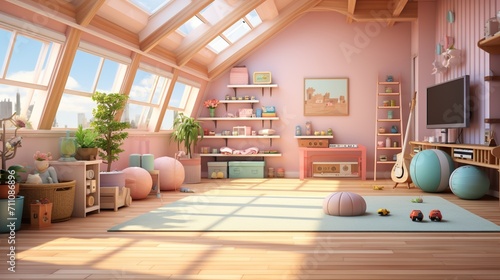 Cozy pink attic playroom with lots of toys and a big window