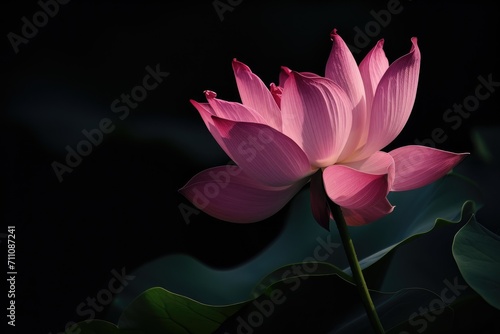 Elegant pink lotus flower on dark background, with soft lighting highlighting delicate petals.