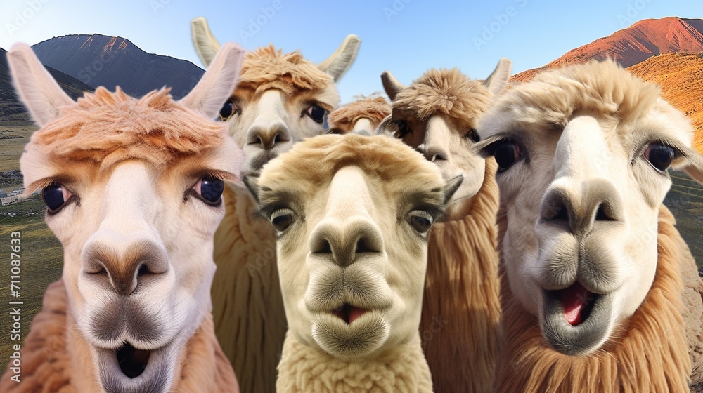 Five funny alpacas taking a selfie Five funny alpacas taking a selfie