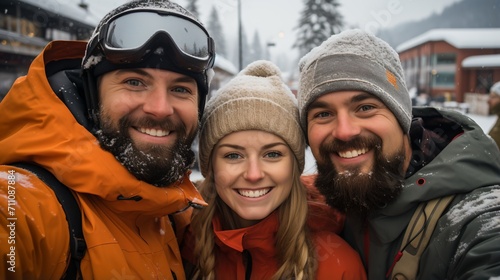 Three friends on a snowy mountain photo