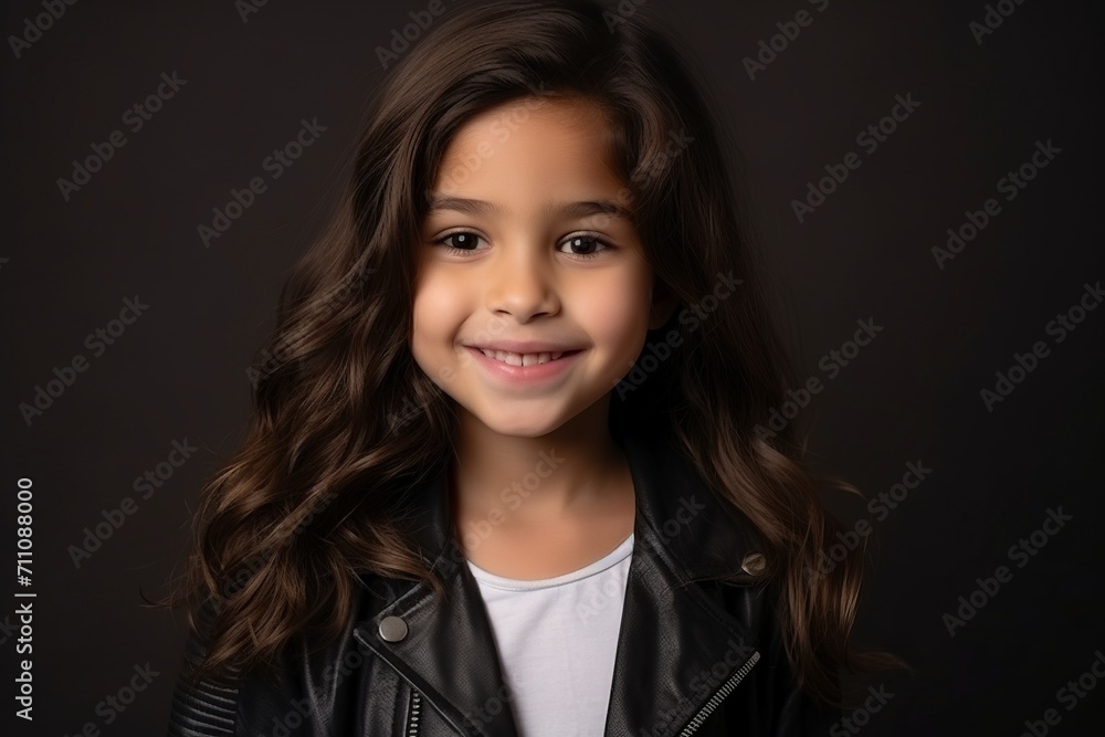Portrait of a smiling little girl in leather jacket on dark background Portrait of a smiling little girl in leather jacket on dark background