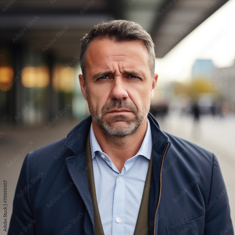 Intense stare of a middle-aged Caucasian man in a blue jacket Intense stare of a middle-aged Caucasian man in a blue jacket