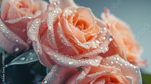 Vibrant floribunda garden roses glisten with dew, showcasing the delicate interplay of peach and red petals in a stunning display of nature's beauty