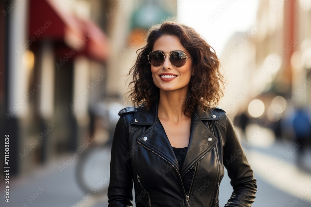 A confident, stylish woman in her mid-thirties, wearing a chic peplum leather top, stands against the backdrop of a bustling cityscape, her radiant smile reflecting the vibrant energy of urban life