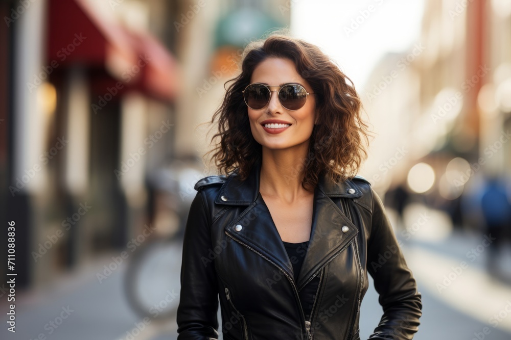 A confident, stylish woman in her mid-thirties, wearing a chic peplum leather top, stands against the backdrop of a bustling cityscape, her radiant smile reflecting the vibrant energy of urban life A confident, stylish woman in her mid-thirties, wearing a chic peplum leather top, stands against the backdrop of a bustling cityscape, her radiant smile reflecting the vibrant energy of urban life